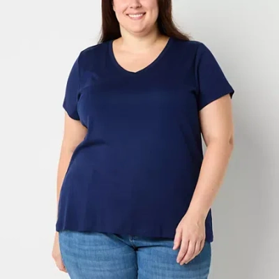 St. John's Bay Womens V Neck Short Sleeve Plus T-shirt In Blue