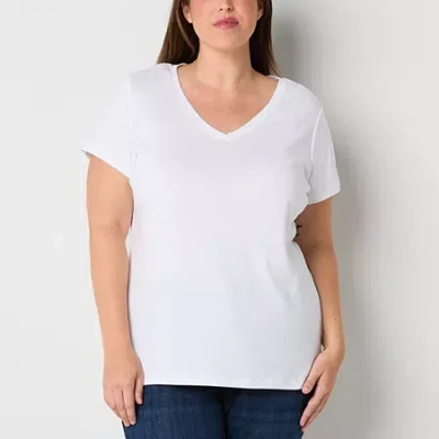 St. John's Bay Womens V Neck Short Sleeve Plus T-shirt In White