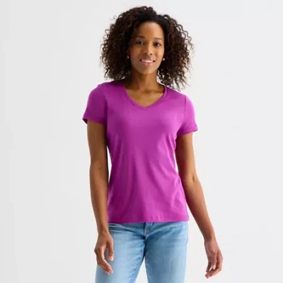 St. John's Bay Womens V Neck Short Sleeve T-shirt In Purple