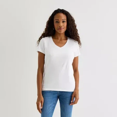 St. John's Bay Womens V Neck Short Sleeve T-shirt In White