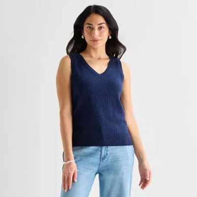 St. John's Bay Womens V Neck Sleeveless Pullover Sweater In Blue