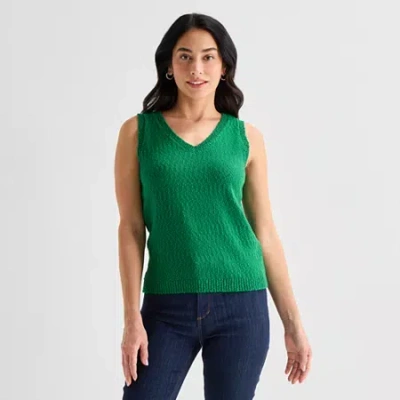 St. John's Bay Womens V Neck Sleeveless Pullover Sweater In Green