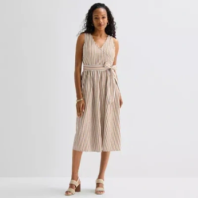 St. John's Bay Womens V Neck Sleeveless Striped A-line Dress In Brown
