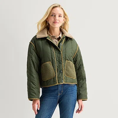 St. John's Bay Womens Water Resistant Lightweight Bomber Jacket In Green