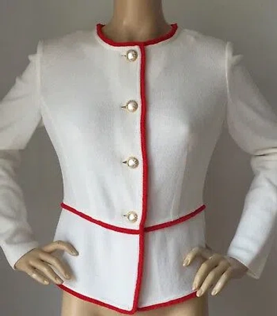 Pre-owned St. John's Bay St John Knit Jacket Bright White & Red Sea Coral Size 8 Santana