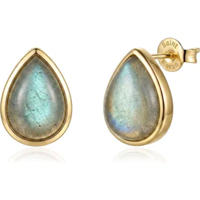 St. Moran 14k Gold Plated Pear Labradorite Stud Earrings In Green/gold