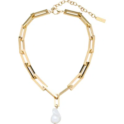 St. Moran 18k Gold Plate Imitation Pearl Link Necklace In White/ Gold