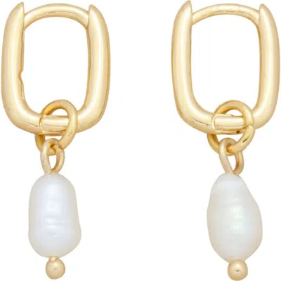 St. Moran 18k Gold Plated Freshwater Pearl Drop Rectangular Hoop Earrings In White/ Gold