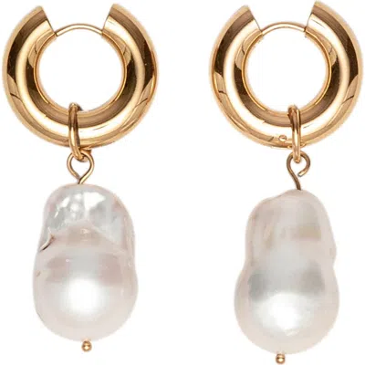 St. Moran 18k Gold Plated Pearl Drop Huggie Hoop Earrings In White/ Gold