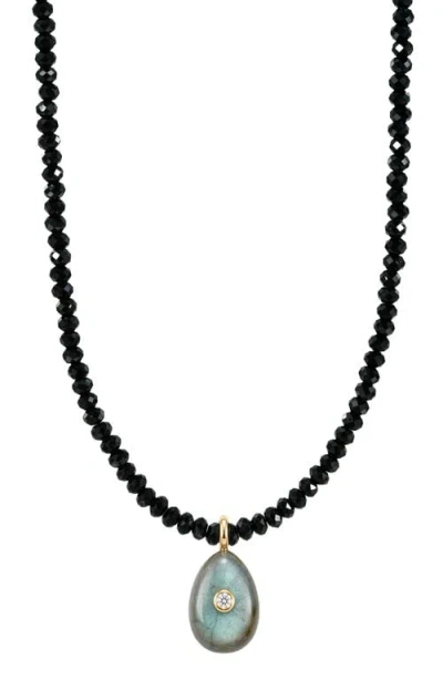 St. Moran Black Spinel Beaded Teardrop Pendant Necklace In Black/green
