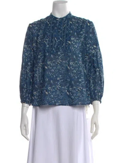 Pre-owned St. Roche Floral Print Three-quarter Sleeve Blouse In Blue