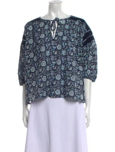 Pre-owned St. Roche Floral Print Tie Neck Blouse W/ Tags In Blue