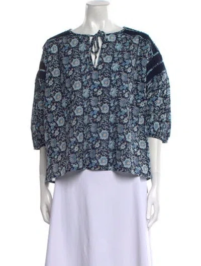 Pre-owned St. Roche Floral Print Tie Neck Blouse W/ Tags In Blue
