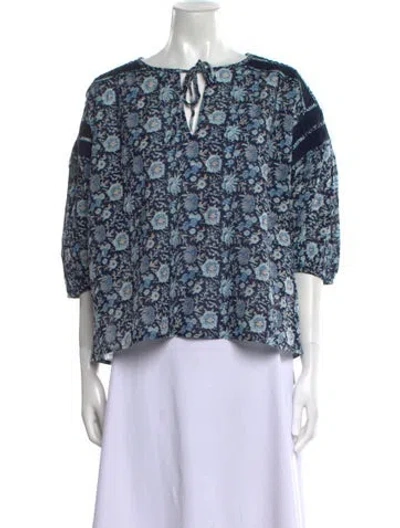 Pre-owned St. Roche Floral Print Tie Neck Blouse W/ Tags In Blue