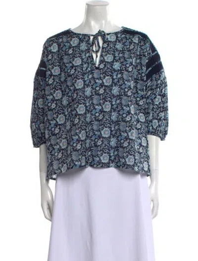 Pre-owned St. Roche Floral Print Tie Neck Blouse W/ Tags In Blue