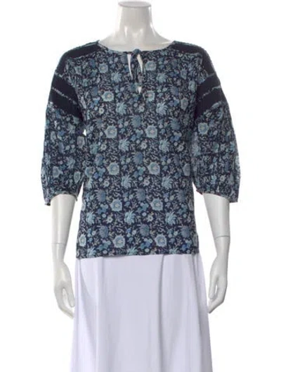 Pre-owned St. Roche Floral Print Tie Neck Top In Blue