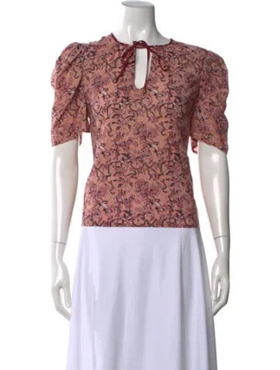 Pre-owned St. Roche Floral Print Tie Neck Top In Red