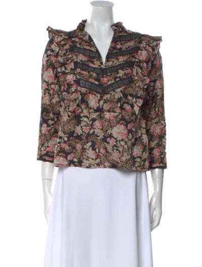 Pre-owned St. Roche Floral Print V-neck Blouse In Black