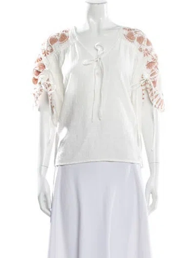 Pre-owned St. Roche Floral Print V-neck Blouse In White