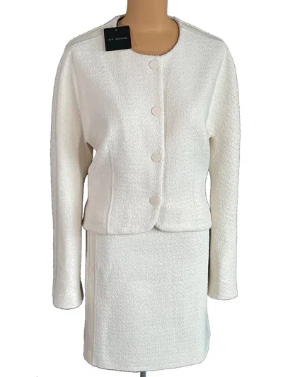 Pre-owned St John St. John Knits Ecru Tweed Leather Jacket Blazer Skirt Suit Sz 12 $1990 In White