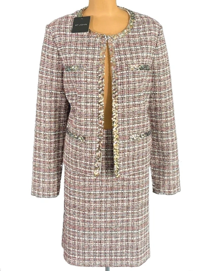 Pre-owned St John St. John Knits Tweed Knit Sequin Trim Jacket Blazer Skirt Suit Sz 16 $2390 In Ecru, Black, & Petal Multi