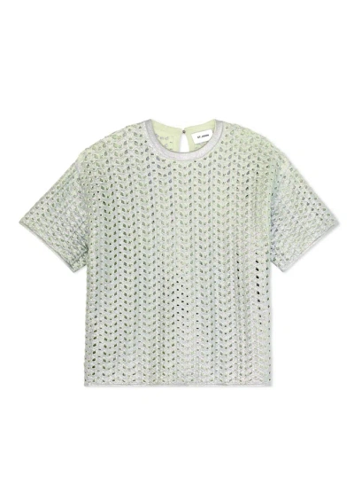 St John Lacquered Crochet Knit Top In Green