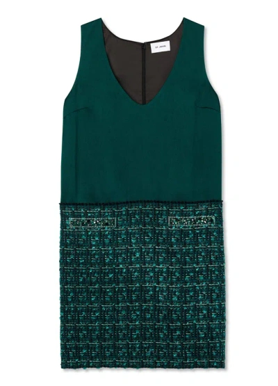 St John Twill Tweed Mixed Media Dress In Green