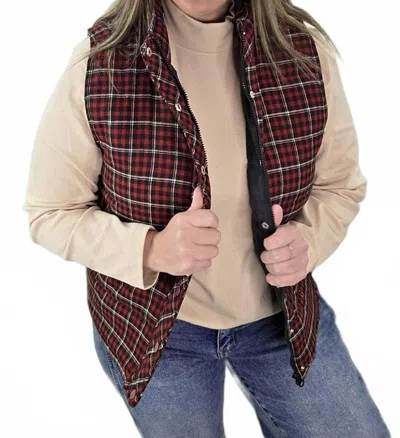 Staccato Check Plaid Zip Up Snap Puff Vest In Red, Black In Multi
