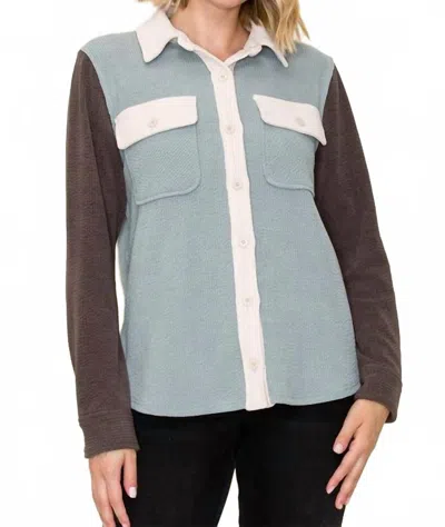 Staccato Color Block Button Up Shacket In Aqua In Animal Print