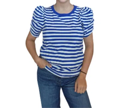 Staccato Crewneck Gathered Half Sleeve Cotton Striped Top In Royal Blue