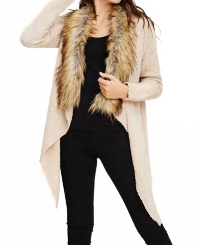 Staccato Faux Fur Trim Waterfall Sweater In Oatmeal In Multi
