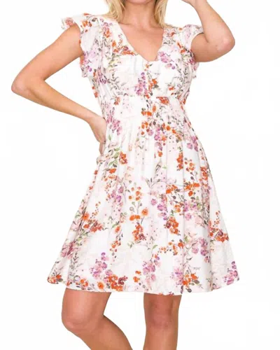 Staccato Floral Print Smocked Waist Dress In Ivory/multi