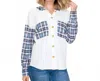 Staccato Plaid Contrasted Waffle Knit Hoodie Shirt In Off White In White
