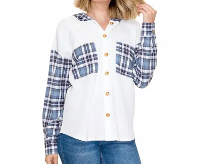 Staccato Plaid Contrasted Waffle Knit Hoodie Shirt In Off White