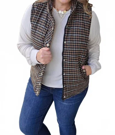 Staccato Plaid Snap Zipper Vest In Taupe Black In Multi