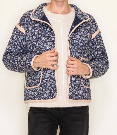Staccato Polar Collar Button Closure Floral Quilted Jacket In Navy In Blue