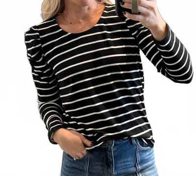 Staccato Scoop Neck Puffed Long Sleeve Top In Black & White Striped