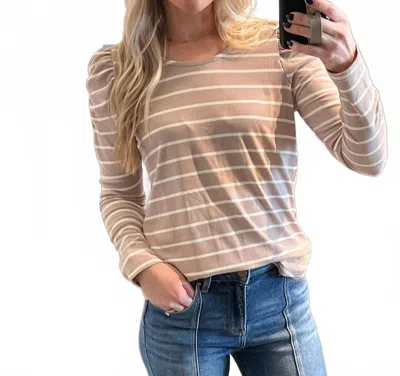 Staccato Scoop Neck Puffed Long Sleeve Top In Taupe & White Striped In Multi