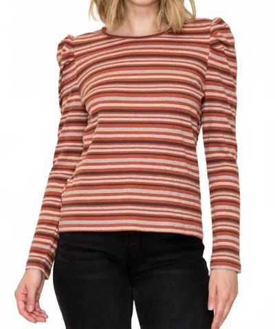 Staccato Striped Puffed Long Sleeve Top In Rust Multi In Pink