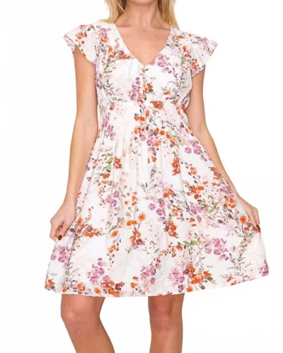 Staccato V-neck Smocked Waist Floral Print Dress In Pink