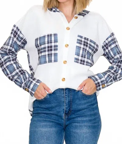 Staccato Waffle Knit Plaid Contrast Long Sleeve Hoodie In Off White In Multi