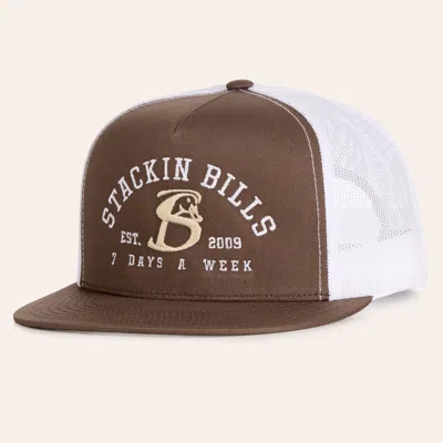 Stackin Bills Brown & White Logo Embroidered Flat Bill Trucker Cap