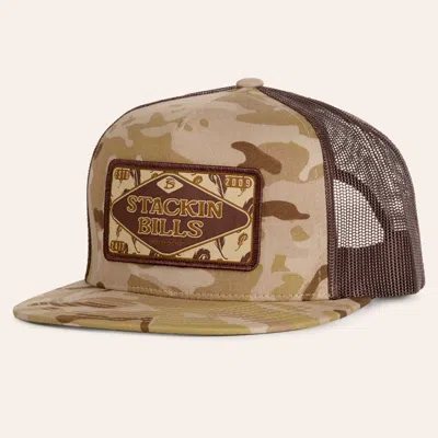 Stackin Bills Brown Camo Feather Patch Flat Bill Trucker Cap In Multi