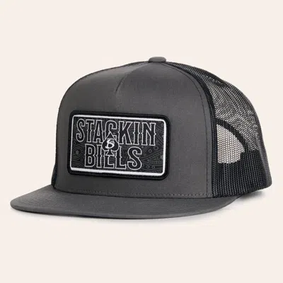 Stackin Bills Charcoal Logo Patch Flat Bill Trucker Cap In Gray