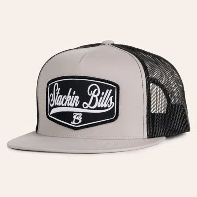 Stackin Bills Silver & Black Logo Patch Flat Bill Trucker Cap In Gray