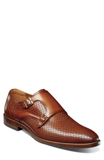 Stacy Adams Arthur Perforated Double Monk Strap Shoe In Cognac
