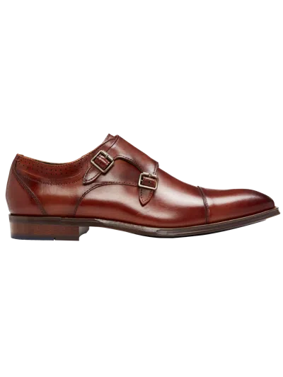 Stacy Adams Bayne Leather Cap Toe Double Monk Strap Dress Shoes Cognac - Size: 7 D-width In Brown