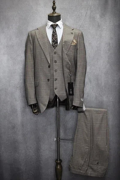 Pre-owned Stacy Adams Men's  Hybrid 3pc Tan And Brown Plaid Formal Suit Sm117h1-65 In Tan/brown