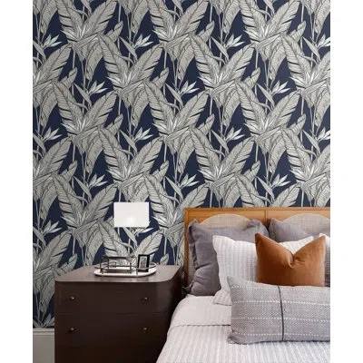 Stacy Garcia Home The Sojourn Birds Of Paradise 18' L X 20.5" W Peel And Stick Wallpaper Roll In Navy Blue,metallic Pewter