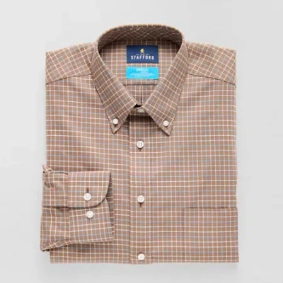 Stafford Coolmax All Season Oxford Mens Regular Fit Stretch Fabric Wrinkle Free Long Sleeve Dress Shirt In Brown